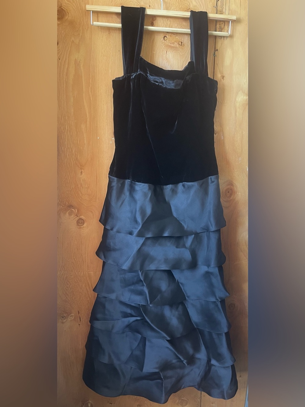 Vintage Black Velvet & Satin Tiered Evening Dress